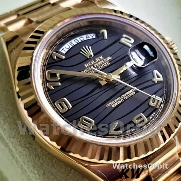 Replica Heren Rolex Day-Date-218238, 41mm, Geelgoud, Golf zwarte wijzerplaat