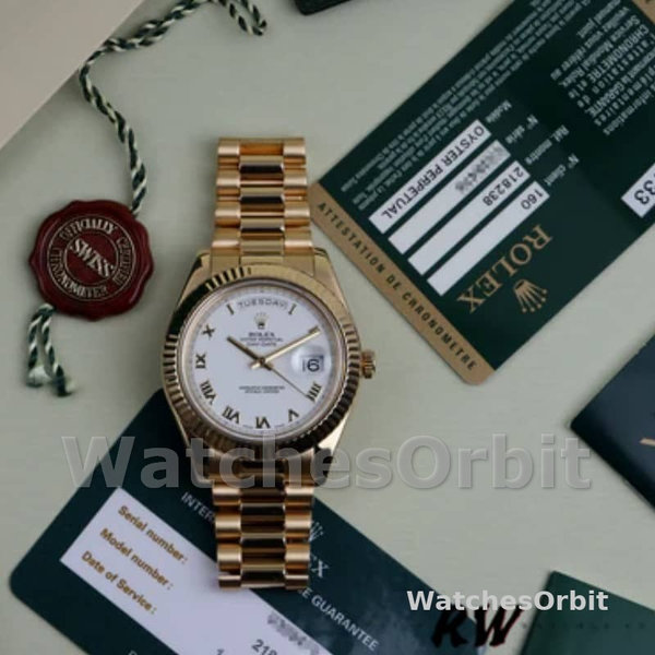 Replica Heren Rolex Day-Date-218238, 41mm, Witte Romeinse Cijfer Wijzerplaat, Geelgoud