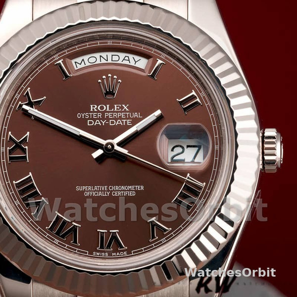 Replica Heren Rolex Day-Date-218239, 41mm, Witgoud, Chocoladebruine Romeinse Cijfers Wijzerplaat
