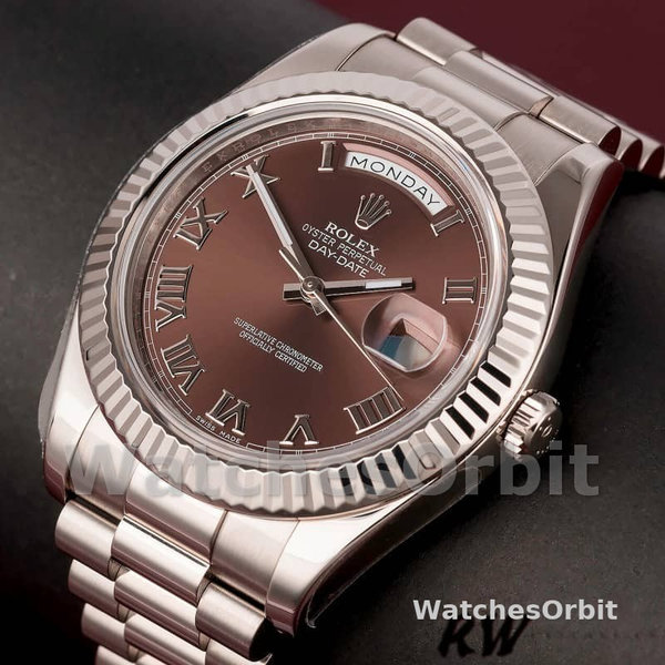 Replica Heren Rolex Day-Date-218239, 41mm, Witgoud, Chocoladebruine Romeinse Cijfers Wijzerplaat