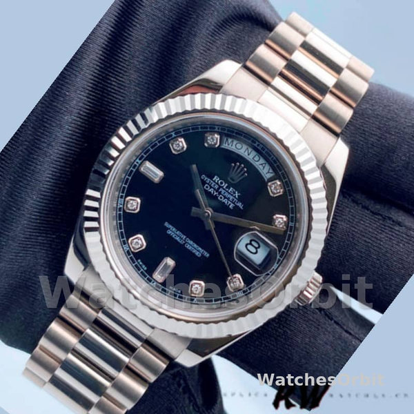 Replica Heren Rolex Day-Date-218239, 41 mm, witgoud, zwarte wijzerplaat met diamant