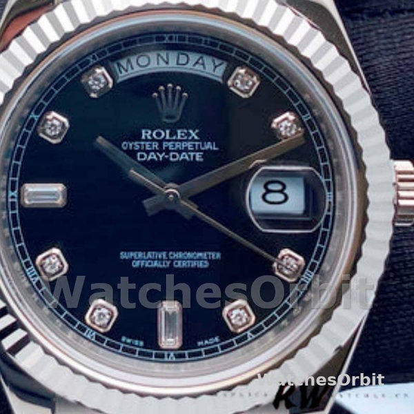 Replica Heren Rolex Day-Date-218239, 41 mm, witgoud, zwarte wijzerplaat met diamant