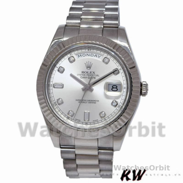 Replica Heren Rolex Day-Date-218239, 41mm, Witgoud, Diamant Zilveren Wijzerplaat