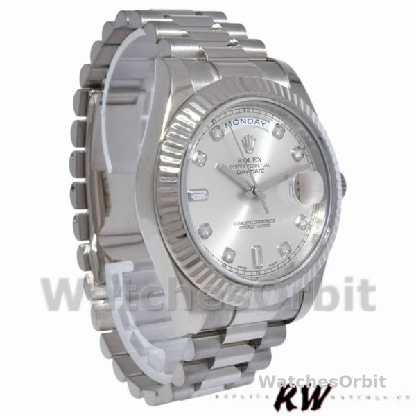Replica Heren Rolex Day-Date-218239, 41mm, Witgoud, Diamant Zilveren Wijzerplaat