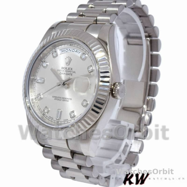 Replica Heren Rolex Day-Date-218239, 41mm, Witgoud, Diamant Zilveren Wijzerplaat