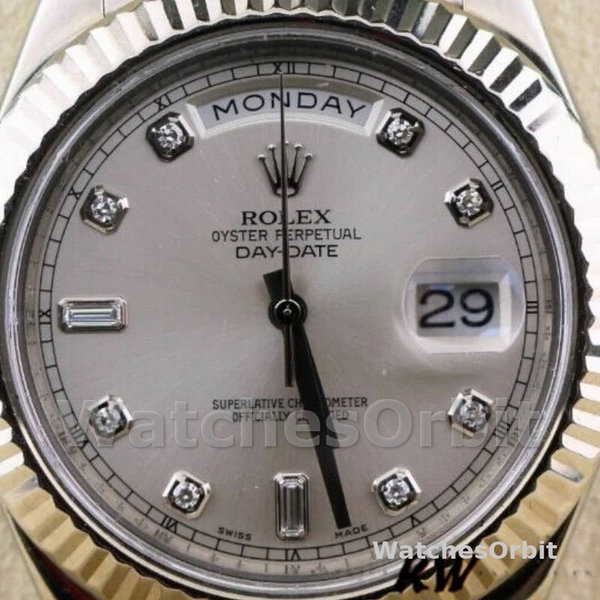 Replica Heren Rolex Day-Date-218239, 41mm, Witgoud, Diamant Zilveren Wijzerplaat