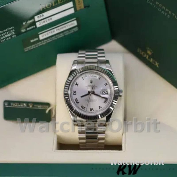 Replica Heren Rolex Day-Date-218239, 41mm, Witgoud, Zilveren Romeinse Cijfers Wijzerplaat