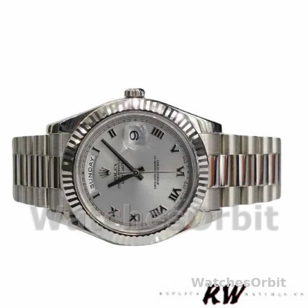 Replica Heren Rolex Day-Date-218239, 41mm, Witgoud, Zilveren Romeinse Cijfers Wijzerplaat