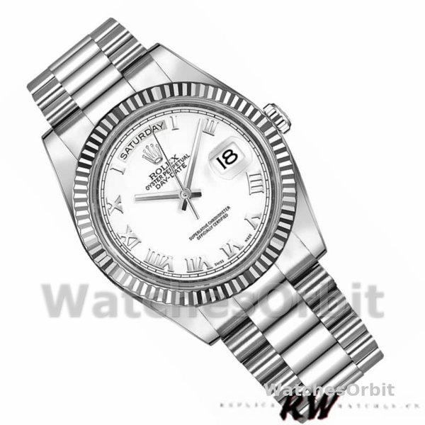 Replica Heren Rolex Day-Date-218239, 41mm, witgoud, wijzerplaat met witte Romeinse cijfers