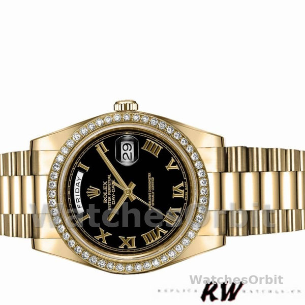 Replica Heren Rolex Day-Date-218348, 41 mm, zwarte Romeinse wijzerplaat