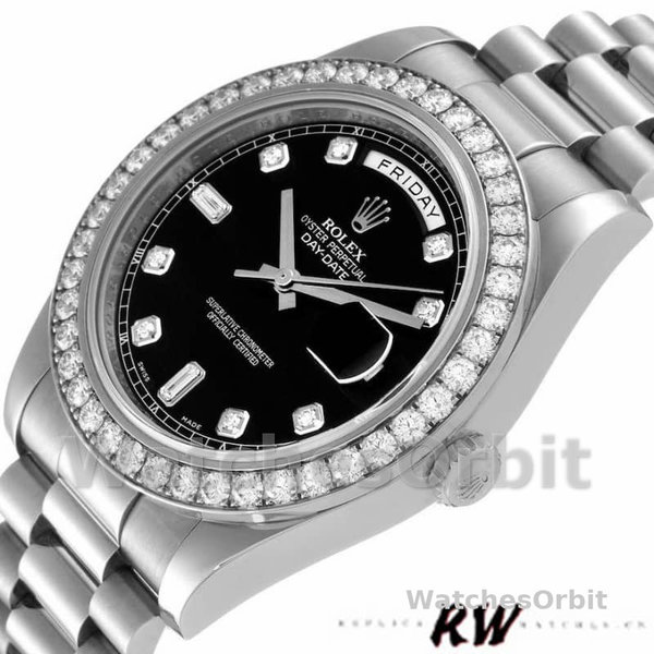 Replica Heren Rolex Day-Date-218349, 41 mm, zwarte diamanten wijzerplaat