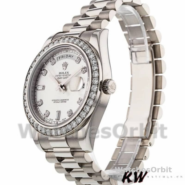 Replica Heren Rolex Day-Date-218349, 41mm, Zilveren diamanten wijzerplaat