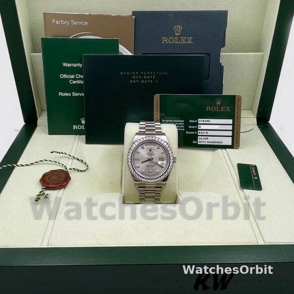 Replica Heren Rolex Day-Date-218349, 41mm, Zilveren diamanten wijzerplaat