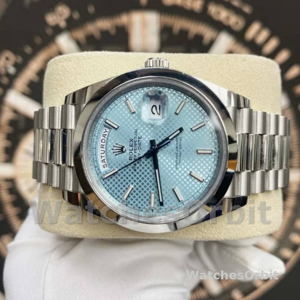 Replica Heren Rolex Day-Date-228206, 40mm, Platina, Wijzerplaat met ijsblauw motief