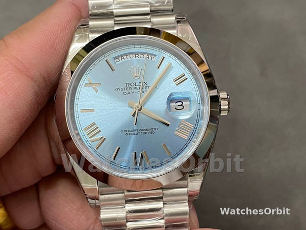 Replica Heren Rolex Day-Date-228206, 40mm, Platina, Ijsblauwe Kwadrant Wijzerplaat