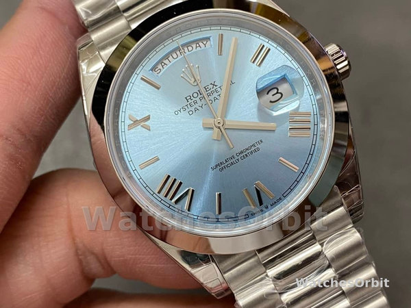 Replica Heren Rolex Day-Date-228206, 40mm, Platina, Ijsblauwe Kwadrant Wijzerplaat