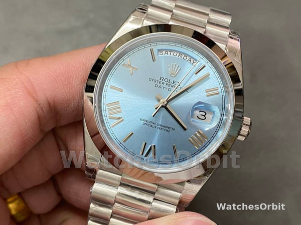Replica Heren Rolex Day-Date-228206, 40mm, Platina, Ijsblauwe Kwadrant Wijzerplaat
