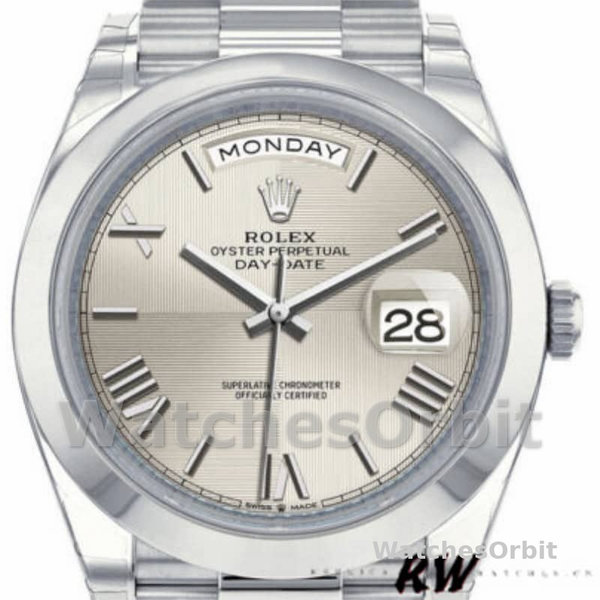 Replica Heren Rolex Day-Date-228206, 40mm, Zilveren Romeinse Cijfer Wijzerplaat, Platina