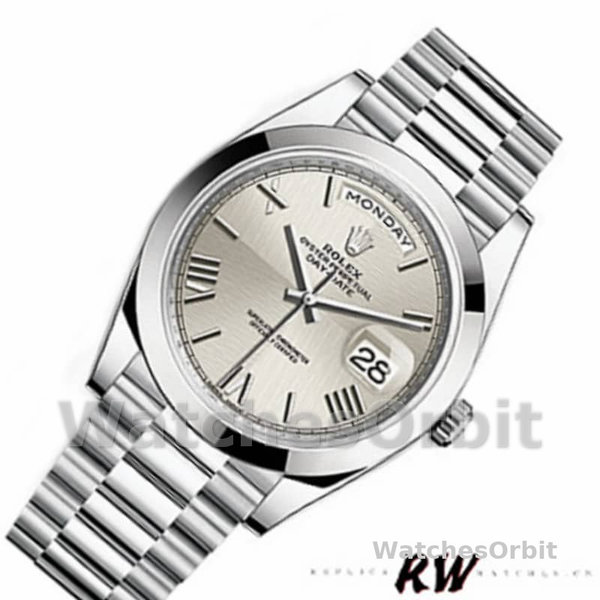 Replica Heren Rolex Day-Date-228206, 40mm, Zilveren Romeinse Cijfer Wijzerplaat, Platina