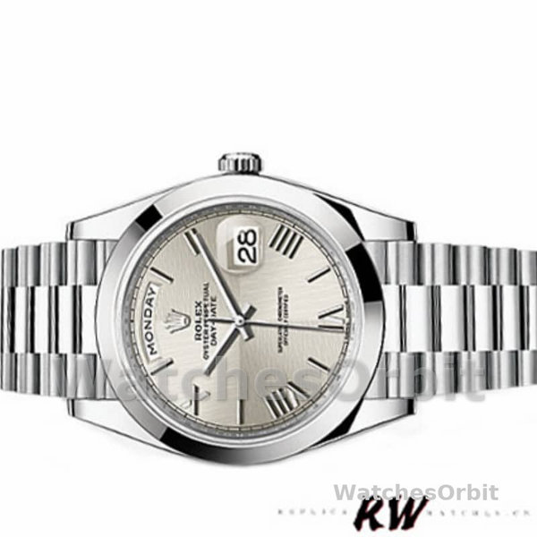 Replica Heren Rolex Day-Date-228206, 40mm, Zilveren Romeinse Cijfer Wijzerplaat, Platina