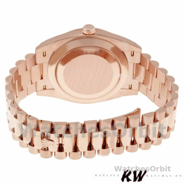 Replica Heren Rolex Day-Date-228235, 40mm, Chocoladebruine Diagonaalmotief wijzerplaat, Geribbelde lunette