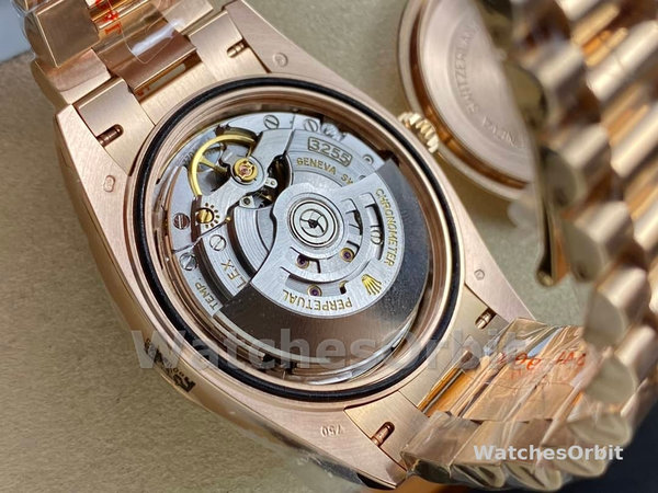 Replica Heren Rolex Day-Date-228235, 40mm, Chocoladebruine wijzerplaat, geribbelde lunette