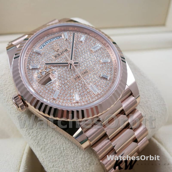 Replica Rolex Day-Date-228235 da uomo, 40 mm, quadrante con pavé di diamanti, lunetta scanalata, pavé di diamanti da uomo