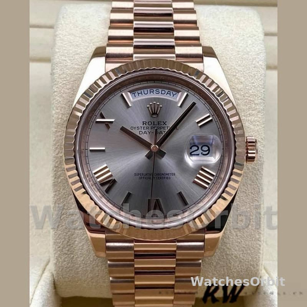 Replica Heren Rolex Day-Date-228235, 40mm, Sundust, Romeinse cijfer wijzerplaat, geribbelde ring, Heren Sundust
