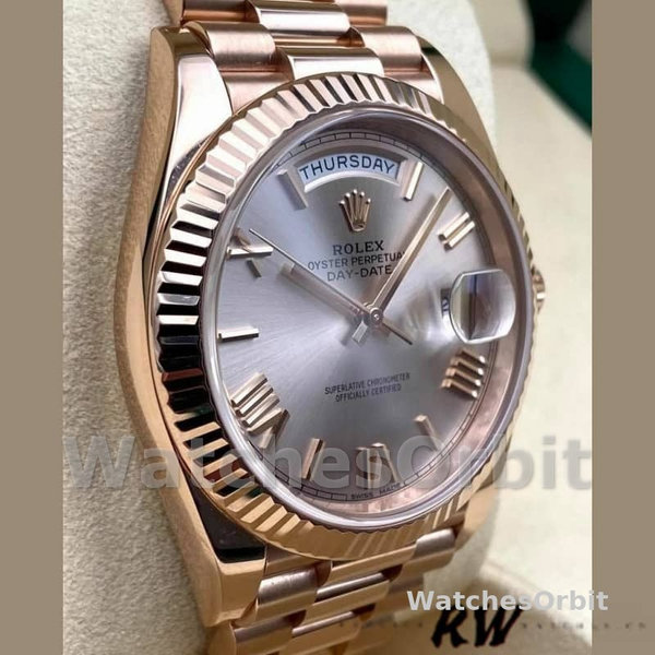 Replica Heren Rolex Day-Date-228235, 40mm, Sundust, Romeinse cijfer wijzerplaat, geribbelde ring, Heren Sundust