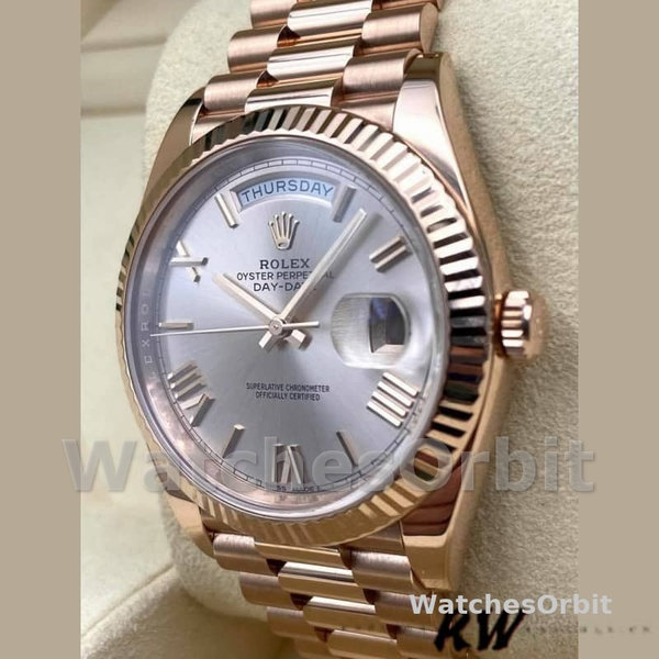 Replica Heren Rolex Day-Date-228235, 40mm, Sundust, Romeinse cijfer wijzerplaat, geribbelde ring, Heren Sundust