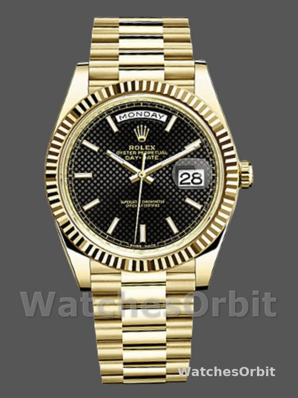 Rolex Day-Date 228238 Black Diagonal Motif Dial Fluted Bezel 40mm Mens Replica Watch