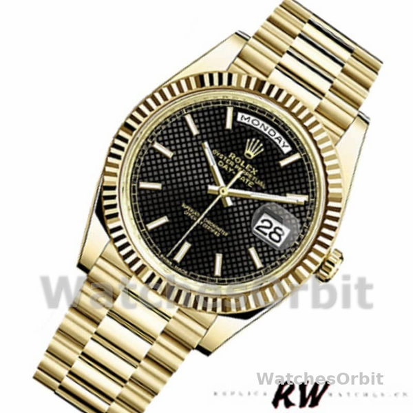 Replica Heren Rolex Day-Date-228238, 40mm, zwarte wijzerplaat met diagonaal motief, geribbelde lunette, zwart voor heren