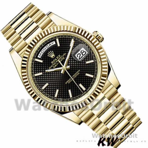 Replica Heren Rolex Day-Date-228238, 40mm, zwarte wijzerplaat met diagonaal motief, geribbelde lunette, zwart voor heren