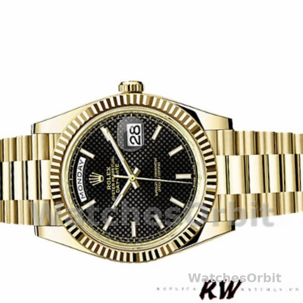 Replica Heren Rolex Day-Date-228238, 40mm, zwarte wijzerplaat met diagonaal motief, geribbelde lunette, zwart voor heren