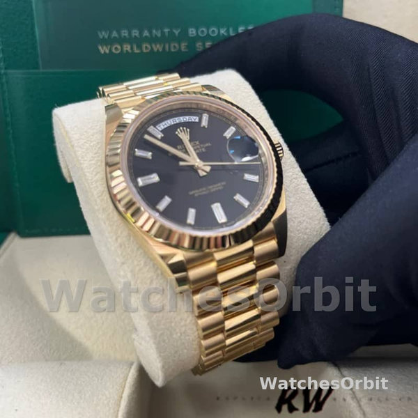 Replica Heren Rolex Day-Date-228238, 40mm, zwarte diamanten wijzerplaat, geribbelde lunette, heren zwart