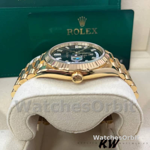 Replica Heren Rolex Day-Date-228238, 40mm, zwarte diamanten wijzerplaat, geribbelde lunette, heren zwart