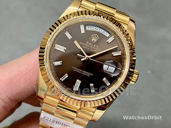 Replica Heren Rolex Day-Date-228238, 40mm, zwarte diamanten wijzerplaat, geribbelde lunette, heren zwart