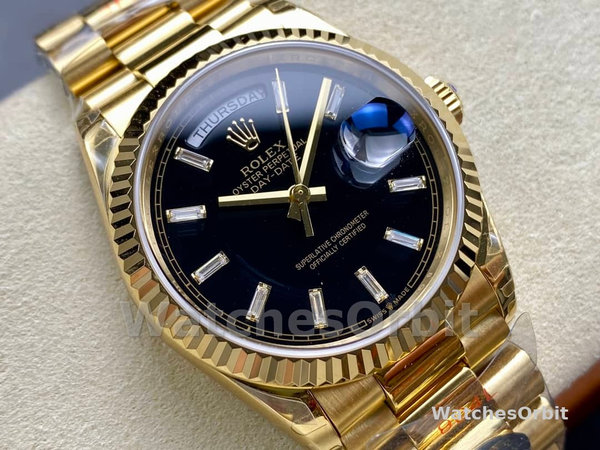 Replica Heren Rolex Day-Date-228238, 40mm, zwarte diamanten wijzerplaat, geribbelde lunette, heren zwart
