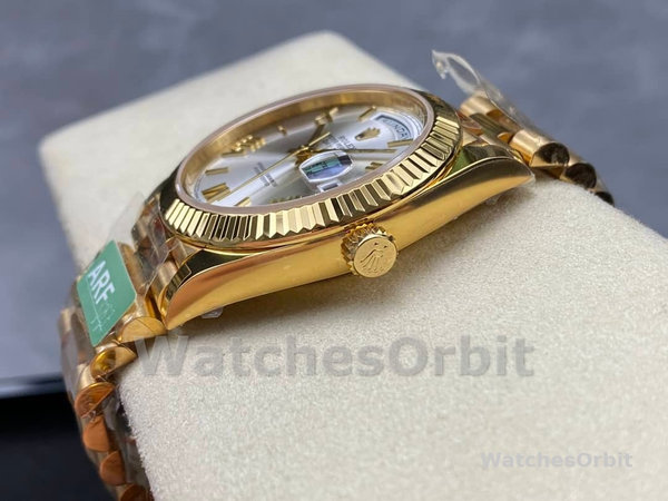 Replica Heren Rolex Day-Date-228238, 40mm, zilver Romeinse wijzerplaat, geribbelde lunette