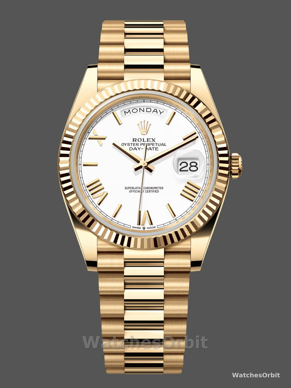 Rolex Day-Date 228238 White Roman Dial Fluted Bezel 40mm Mens Replica Watch