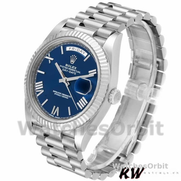 Replica Heren Rolex Day-Date-228239, 40mm, Blauwe Romeinse Wijzerplaat, Geribbelde Ring
