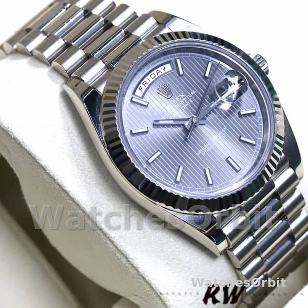 Replica Heren Rolex Day-Date-228239, 40mm, Donker Rhodium Grijze Wijzerplaat, Geribbelde Ring