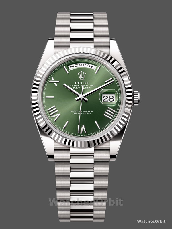 Rolex Day-Date 228239 Green Roman Dial Fluted Bezel 40mm Mens Replica Watch