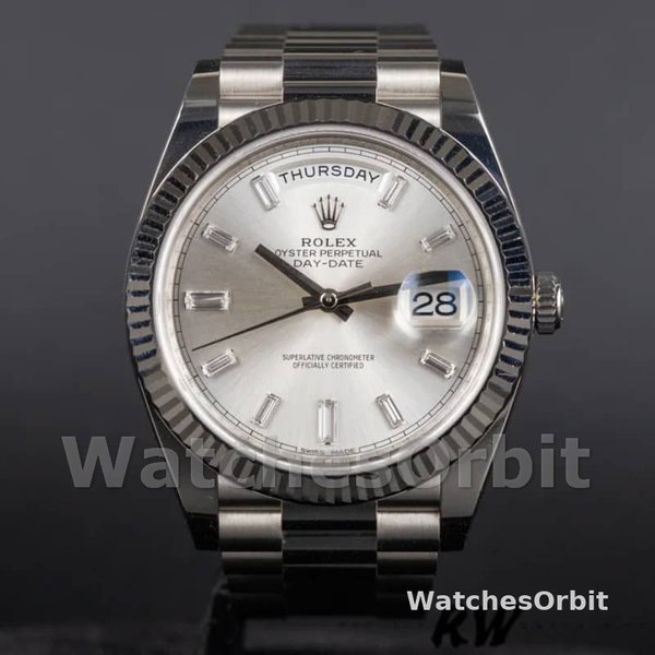 Men's Rolex Day-Date-228239, 40mm, Silver Baguette Diamond Dial, Fluted Bezel, Men’s Silver