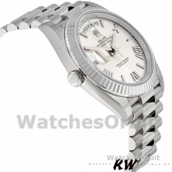 Men's Rolex Day-Date-228239, 40mm, Silver Quadrant Motif Roman Dial, Fluted Bezel, Men’s Silver