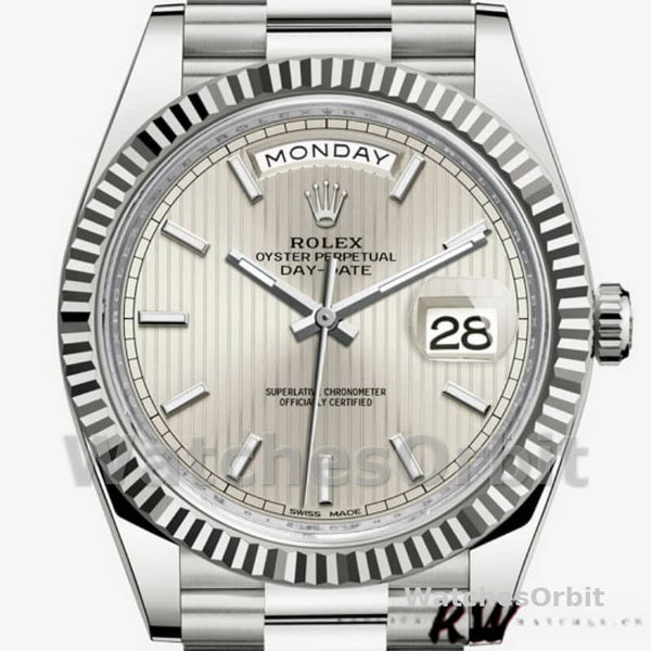 Men's Rolex Day-Date-228239, 40mm, Silver Stripe Motif Dial, Fluted Bezel, Men’s Silver