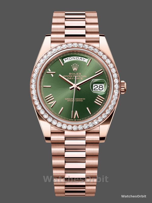 Rolex Day-Date 228345RBR 0011 Olive Green Roman Dial Diamond Bezel 40mm Mens Replica Watch