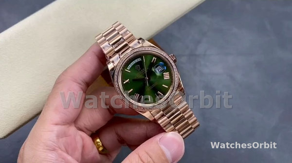 Replica Heren Rolex Day-Date-228345RBR 0011, 40mm, Olijfgroen Romeinse wijzerplaat, Diamanten ring