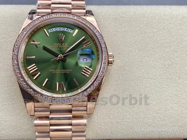 Replica Heren Rolex Day-Date-228345RBR 0011, 40mm, Olijfgroen Romeinse wijzerplaat, Diamanten ring