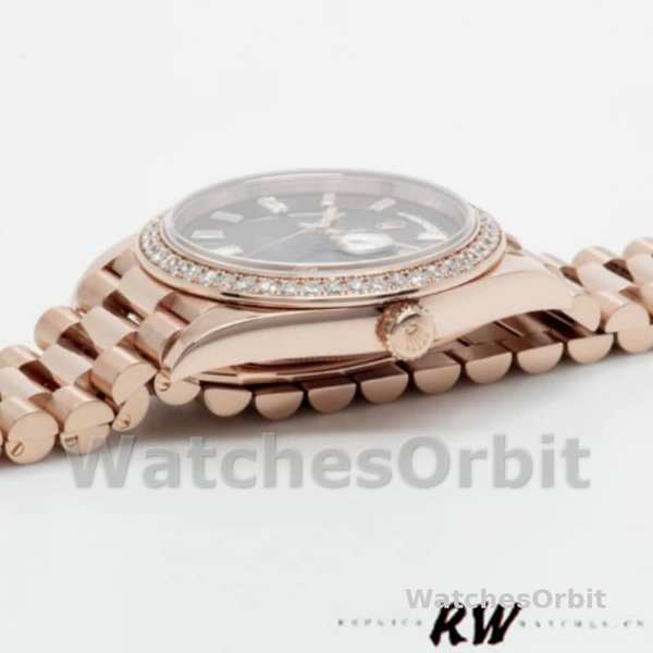 Replica Heren Rolex Day-Date-228345RBR, 40mm, Chocolade Bruin Diagonaal Motief Wijzerplaat, Diamant Bezel